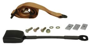 Front Seat Belt 3 Point Static with Modern Buckle, Tan Front Seat Belt 3 Point Static with Modern Buckle, Tan